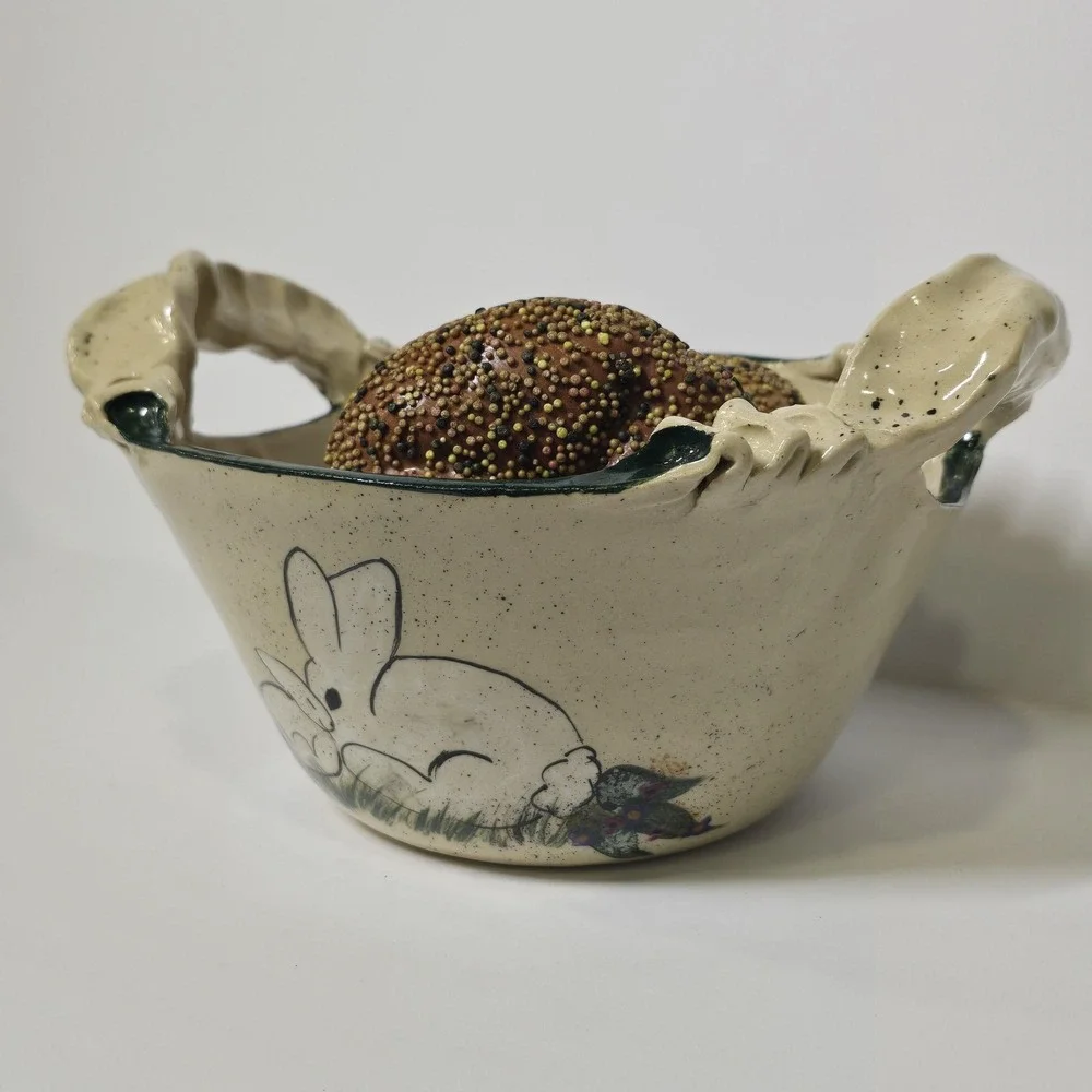 Vintage Gail Miller Signed Pottery Bunny Bowl Folk Art Arkansas HandPainted